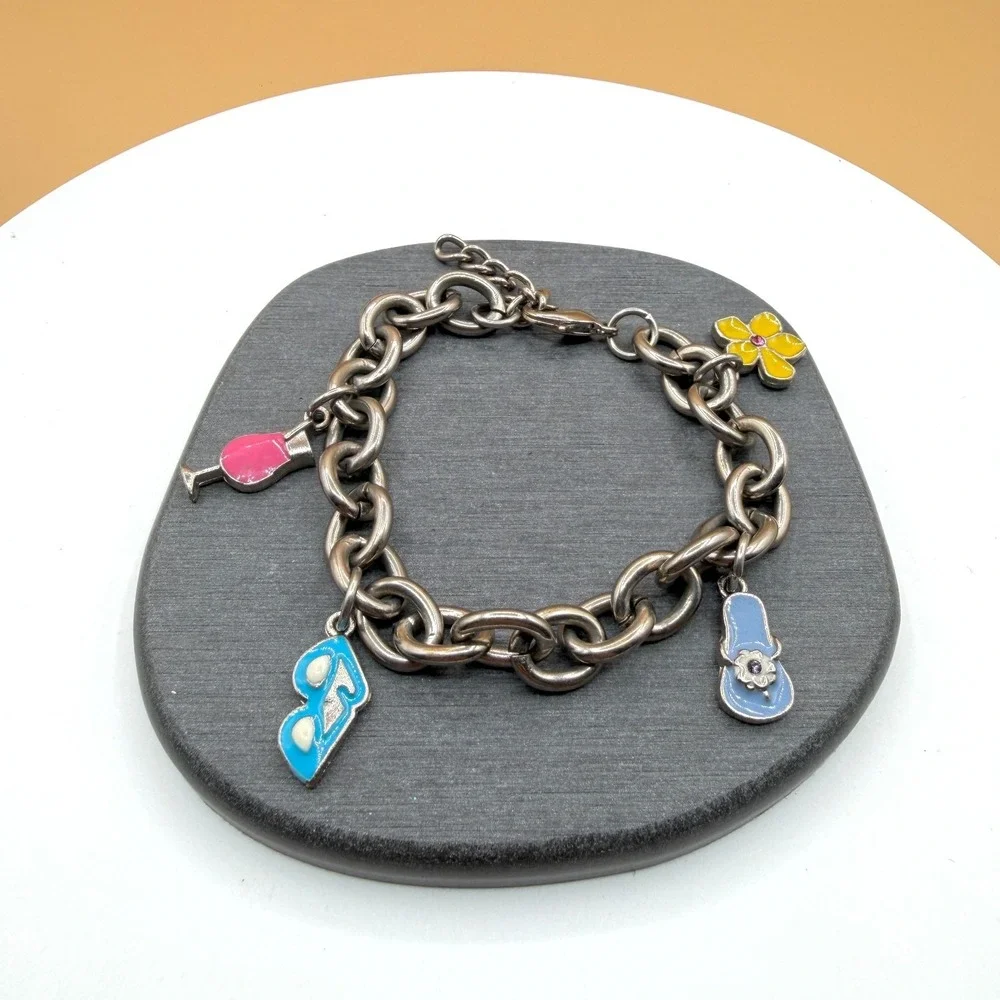 Silver Tone Chunky Chain Enamel Shoe Flower Wine Glass Charm Bracelet 7 Inch